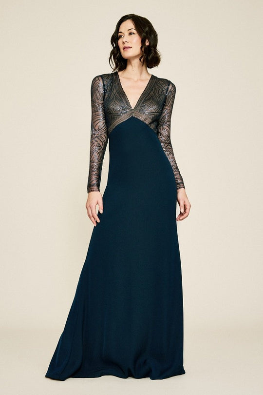Tadashi Shoji - Sequin Embellished Long Sleeves Gown In Blue and Neutral