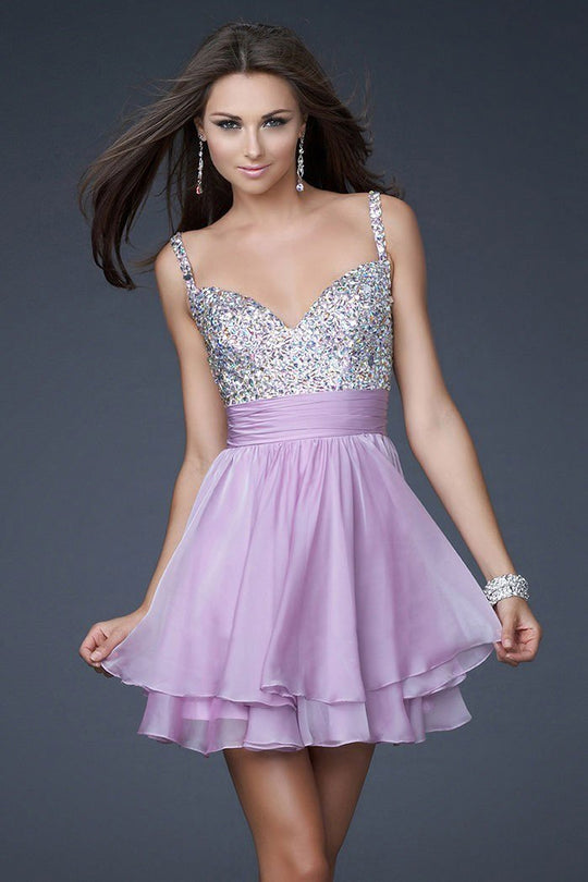 La Femme - Bejeweled Short Chiffon Party Dress 16813 in Purple and Silver