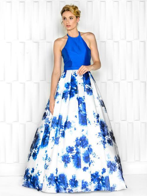 Colors Dress - 1682 Halter Mikado Printed Dress in Blue and White