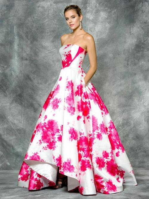 Colors Dress - 1685 Strapless Floral Mikado High Low Dress in Pink and White