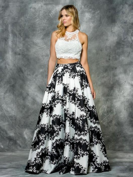 Colors Dress - 1686 Two-Piece Floral Print Evening Gown in White and Black