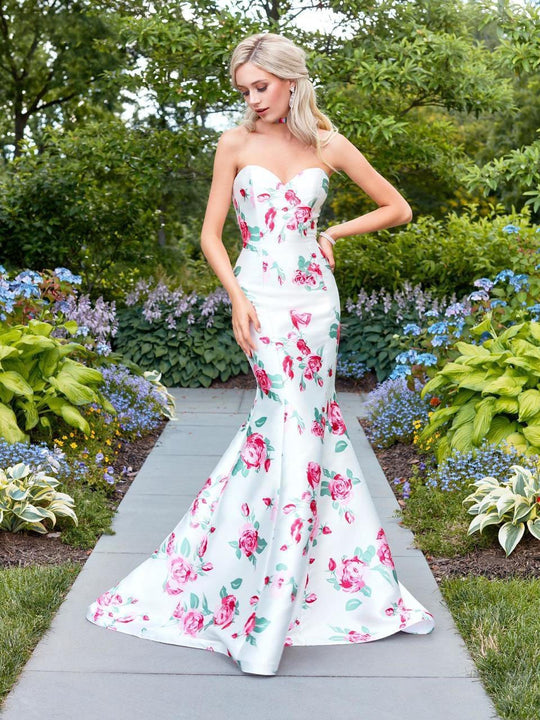 Clarisse - 3424 Strapless Floral Mermaid Gown in White and Print