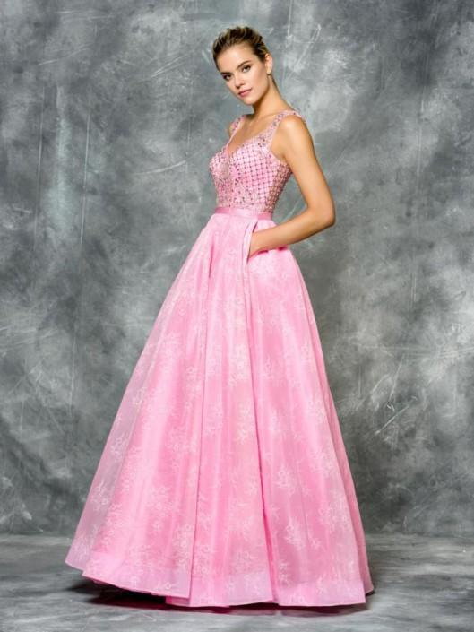 Colors Dress - 1690 V-neck Beaded Lace Ball Gown in Pink