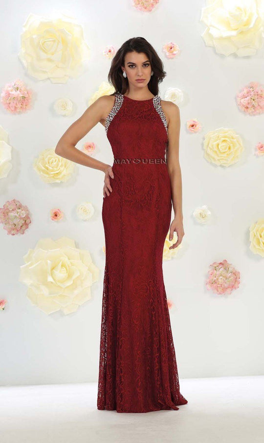 May Queen Rhinestone Embellished Lace Evening Dress MQ1475 in Red