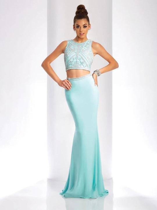 Clarisse - 3438 Two-Piece Crystal Embellished Crop Top Long Sheath Gown In Green