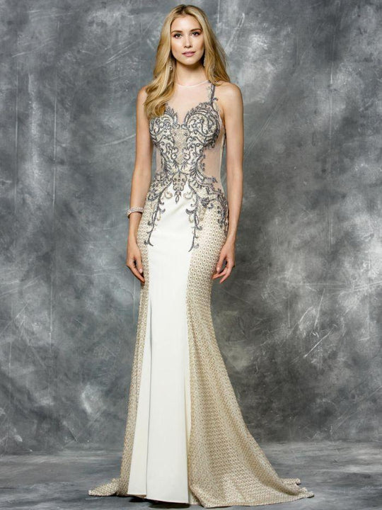 Colors Dress - 1696 Illusion Sleeveless Evening Gown in White