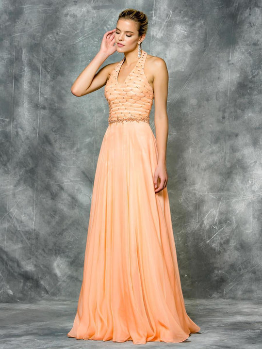 Colors Dress - 1699 Embellished Halter A-Line Gown in Orange