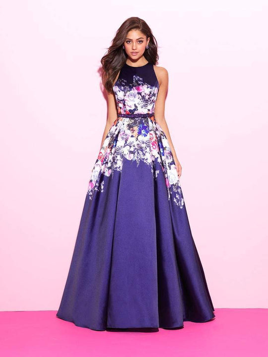 Madison James - Floral Printed Pleated Evening Dress 17-299 In Blue