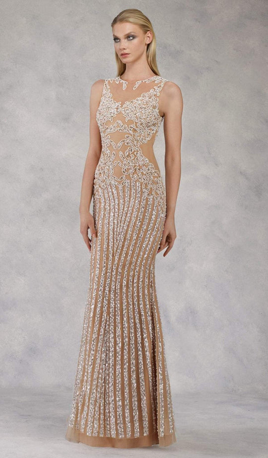 Janique - 17007 Sparkly Nude Illusion Evening Gown In White and Nude
