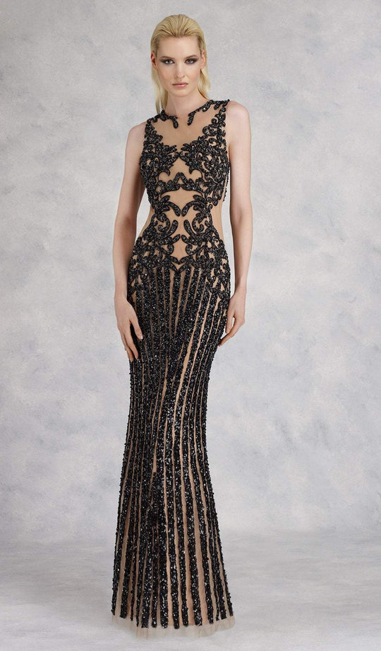 Janique - 17007 Sparkly Nude Illusion Evening Gown in Black and Nude