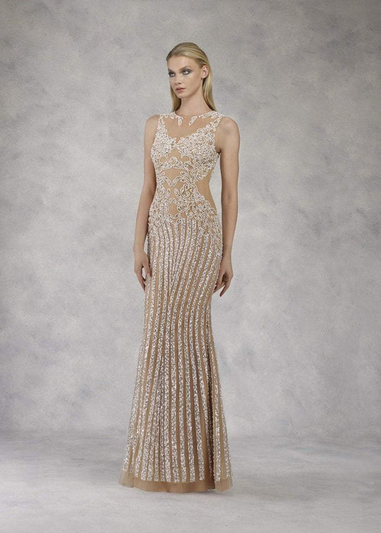 Janique - 17007 Embellished Jewel Sheath Dress In Neutral