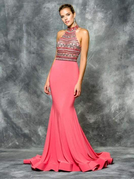 Colors Dress - 1701 Halter Neck Trumpet Evening Gown in Pink