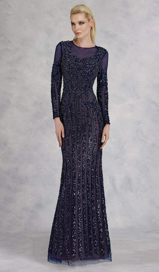 Janique - 17013 Glistening Stripes Long Sleeve Evening Gown In Blue