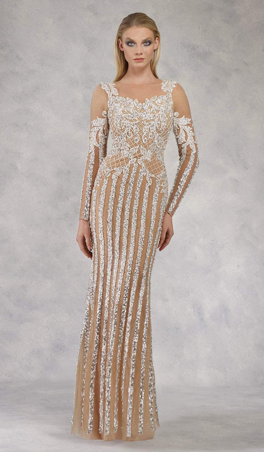 Janique - 17013 Glistening Stripes Long Sleeve Evening Gown In White and Nude