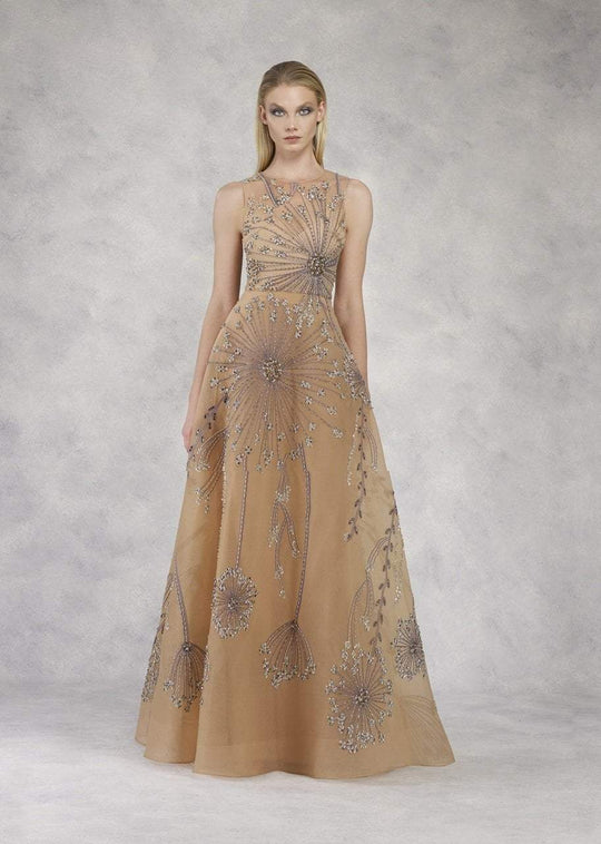 Janique - 17014 Embellished Illusion Jewel A-line Dress In Neutral