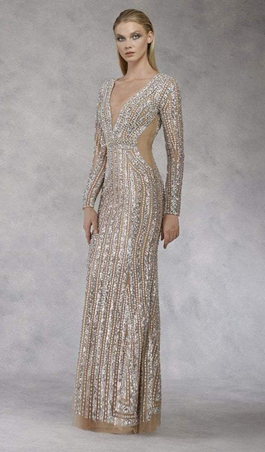 Janique - 17015 Bejewel Striped Long Sleeve Sheath Gown In Silver
