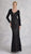 Janique - 17015 Bejewel Striped Long Sleeve Sheath Gown In Black