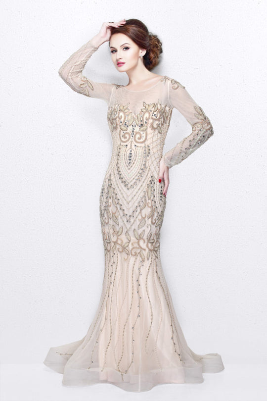 Primavera Couture - Long Sleeved Sheer Embellished Evening Gown 1701 in Neutral
