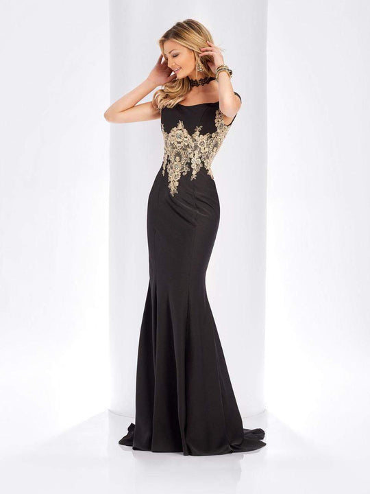 Clarisse - 3452 Gold Lace Applique Evening Gown in Black