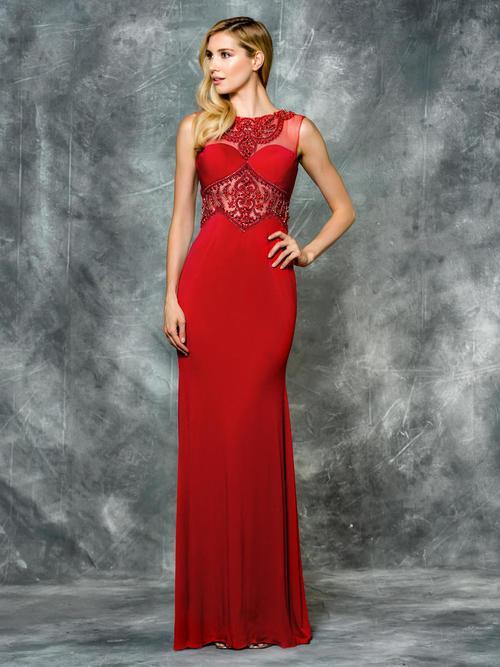 Colors Dress - 1703 Ornate Illusion Cut Out Jersey Dress in Red