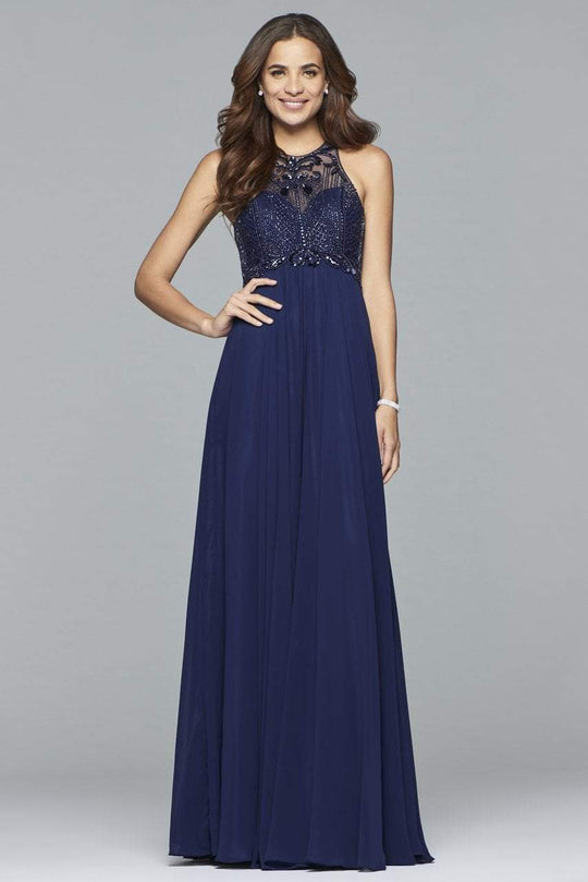 s7989 Long chiffon dress with bead detailing
