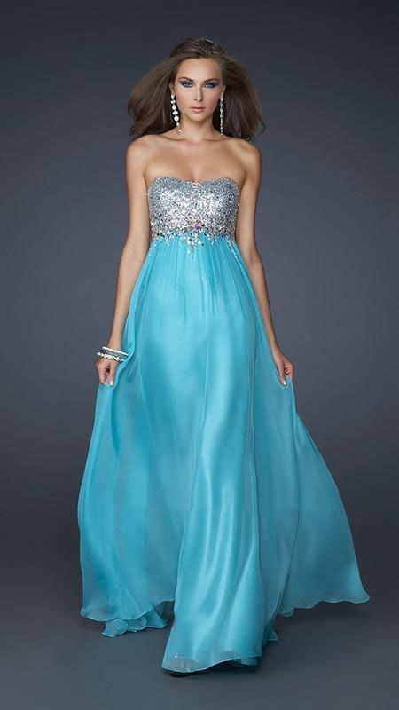 La Femme - Strapless Cyrstal Embellished Evening Gown in Blue