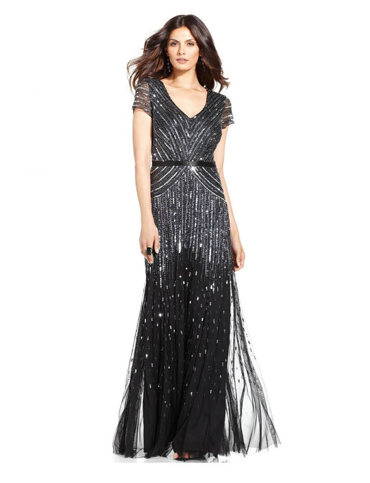 Adrianna Papell - V-Neckline Sequined Mesh Long Dress 62868950 in Gray
