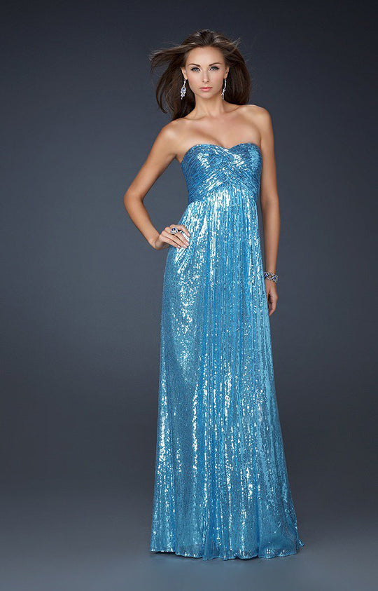 La Femme - Strapless Sequined Sweetheart A-line Gown 17085 in Blue
