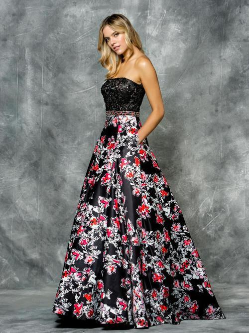 Colors Dress - 1708 Beaded Strapless Floral Satin Dress in Black and Multi-Color
