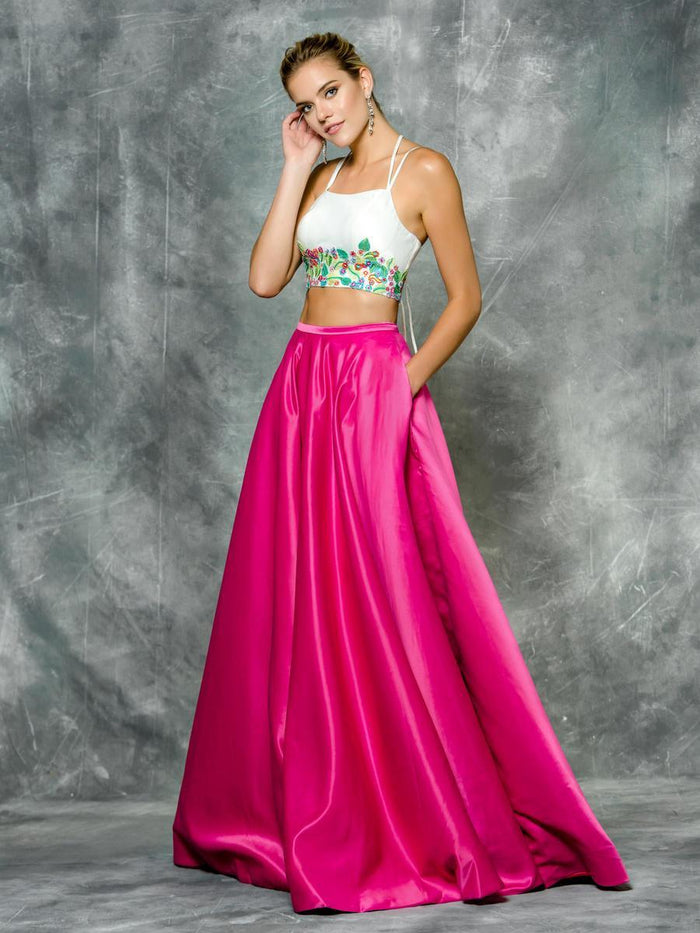 Colors Dress - 1709 Floral Two-Piece Evening Dress in White and Pink