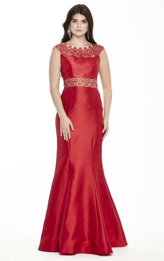 Jolene Collection - 17102 Bateau Neck Embellished Gown In Red and Neutral