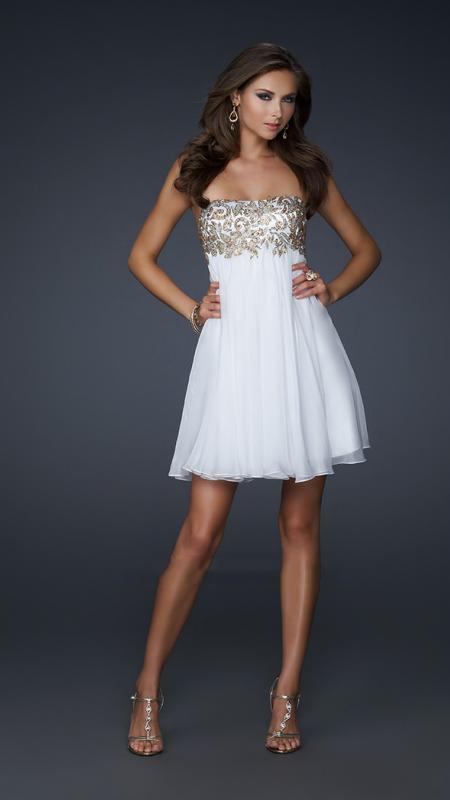 La Femme - Grecian Damask Lace A-Line Empire Cocktail Dress 17107 In White and Gold