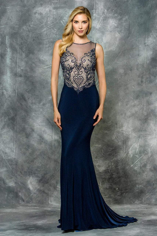 Colors Dress - 1710-1 Sleeveless Jersey Evening Gown In Blue