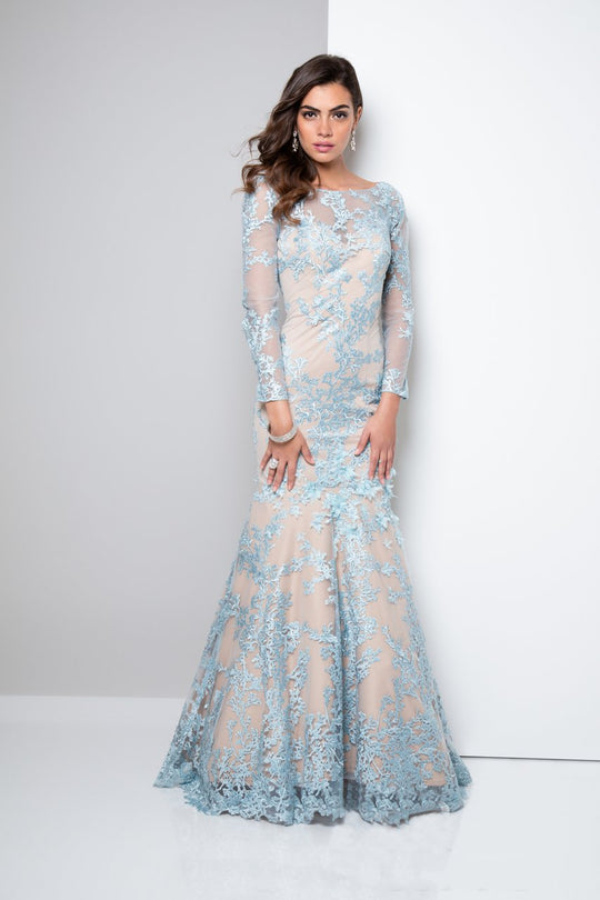 Terani Couture - Bateau Mermaid Evening Gown 1711GL3530 In Neutral and Blue