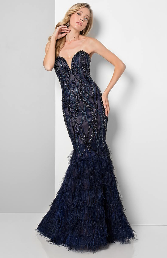 Terani Couture - Feather Fringed Mermaid Gown 1711GL3532 In Blue and Black