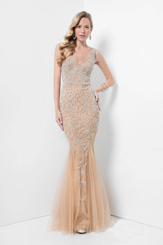 Terani Couture - Embellished V-Neck Slim Gown 1711GL3556 In Neutral