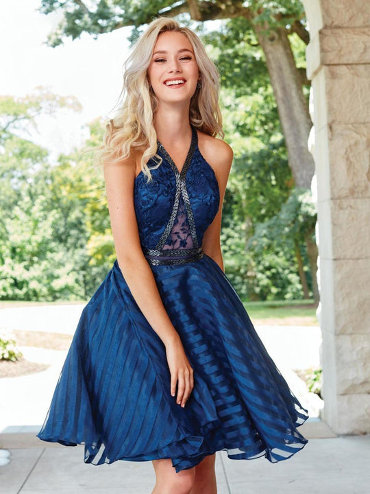 Clarisse - 3462 Beaded Floral Cocktail Dress in Blue