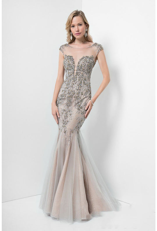 Terani Couture - Illusion Bateau Mermaid Dress 1711GL3551 In Silver and Neutral