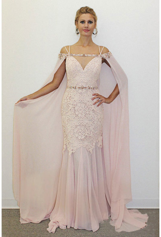Terani Couture - Sleeveless Sweetheart with Cape Lace Gown 1711M3368 In Blush Nude