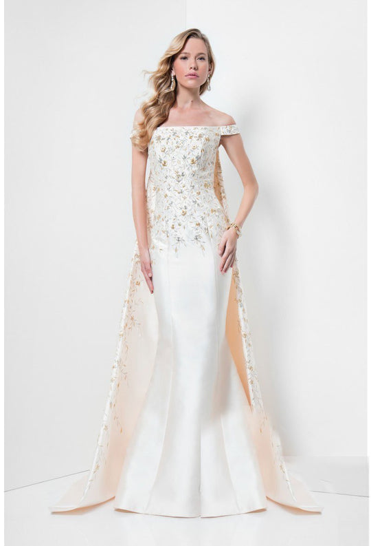 Terani Couture - Embroidered Off Shoulder with Cape Mermaid Gown 1711M3517  in Neutral
