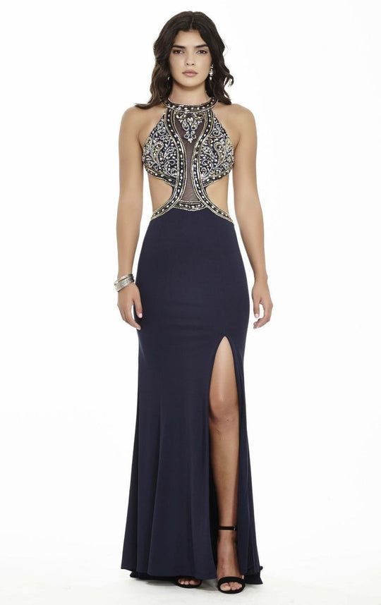 Jolene Collection - 17126 Embellished Halter Cutout Evening Dress In Blue