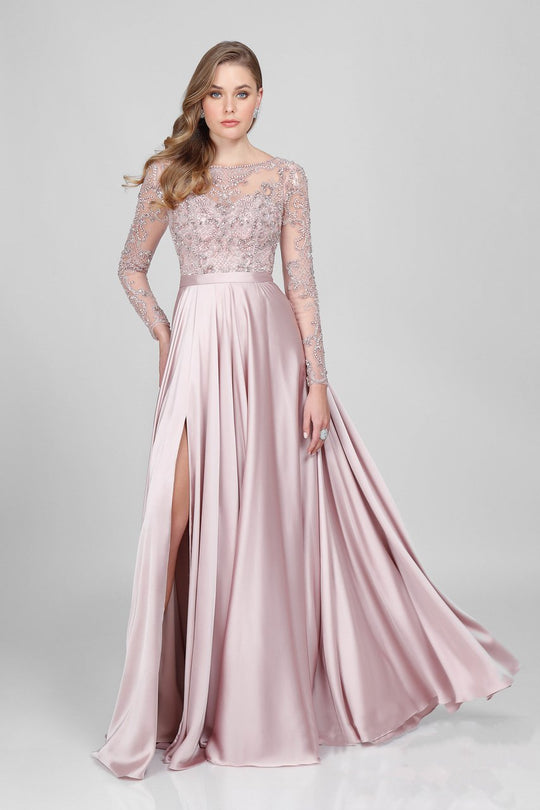 Terani Couture - Long-sleeve Beaded Long Gown with  Side Slit 1712M3428 in Pink