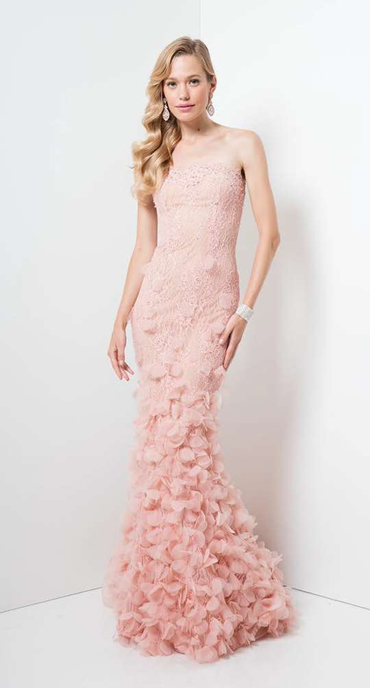 Terani Couture - 1712P2642 Strapless Lace Petal Applique Evening Gown In Pink