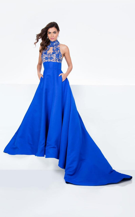 Terani Couture - Halter Long Gown with Sweep Train 1712P2884 In Blue