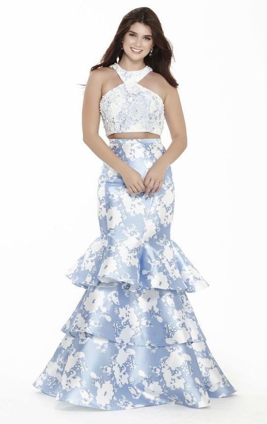 Jolene Collection - 17131 Two-Piece Tiered Mermaid Gown  In White and Blue