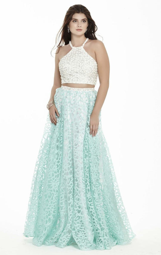 Jolene Collection - 17132 Two-Piece Beaded Halter A-line Gown  In White and Blue