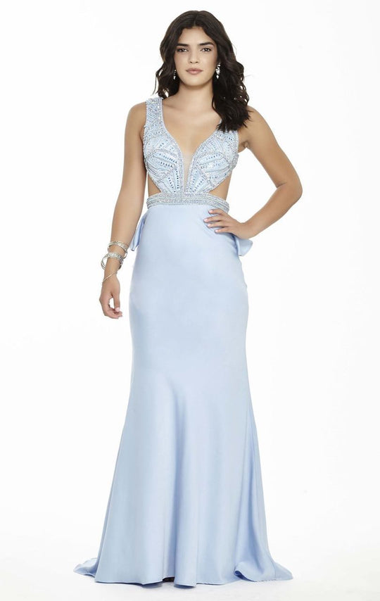 Jolene Collection - 17133 Deep V-Neck Beaded Ruffled Long Gown In Blue