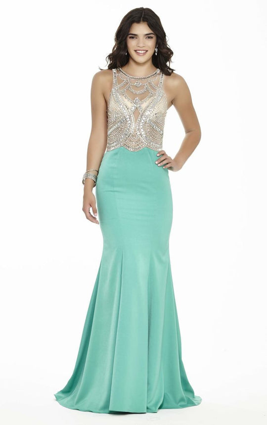 Jolene Collection - 17135 Sheer Embellished Long Gown  In Green and Neutral