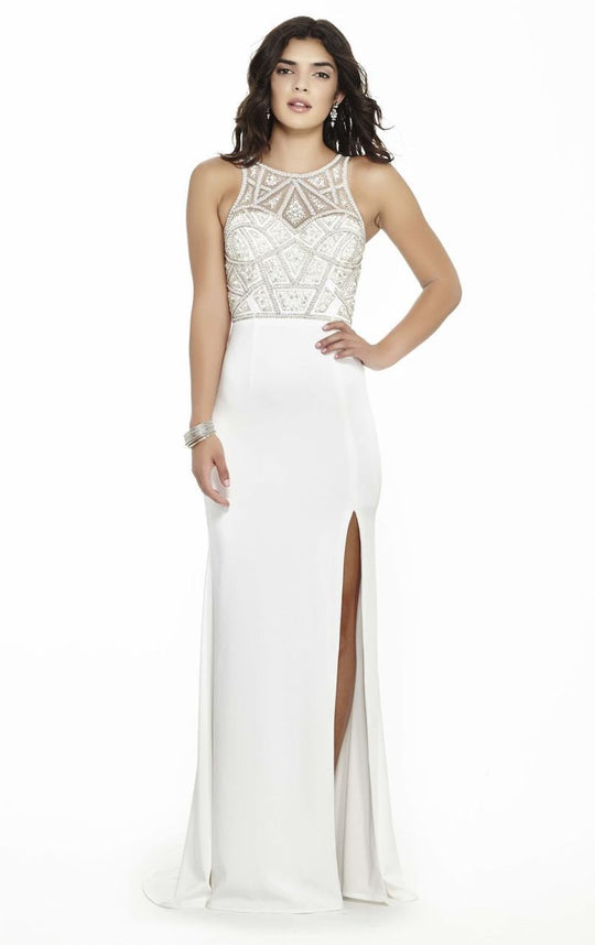 Jolene Collection - 17136 Sheer Illusion Slit Long Gown  In White