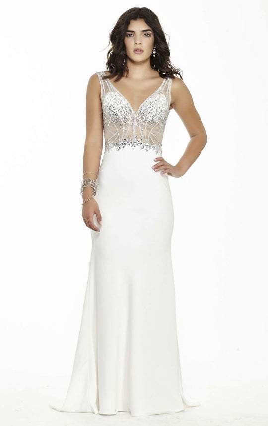Jolene Collection - 17138 V-Neck Sheer Embellished Long Gown  In White